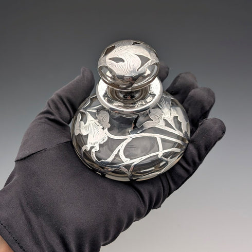 Antique American Art Nouveau Silver Overlay Glass Perfume Bottle, Alvin